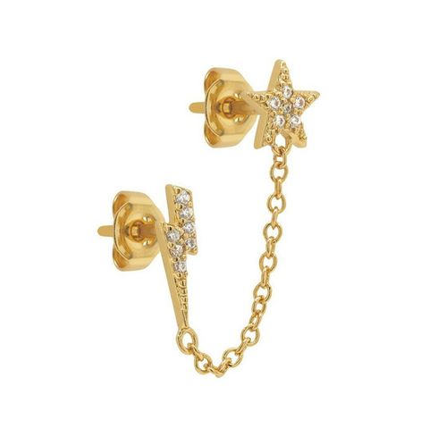 S925 Silver Needle Star Lightning Diamond Chain Double Pierced Earrings