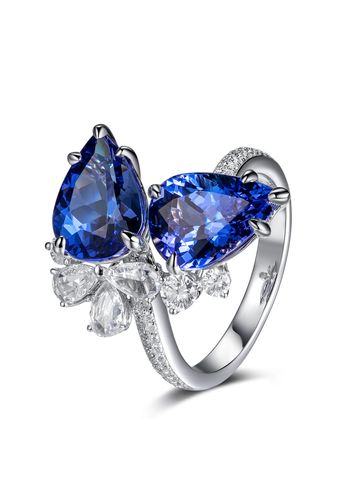 New Double Diamond Tanzanite Blue Drop Pear-shaped Ring Simulation Sapphire Copper Open Ring