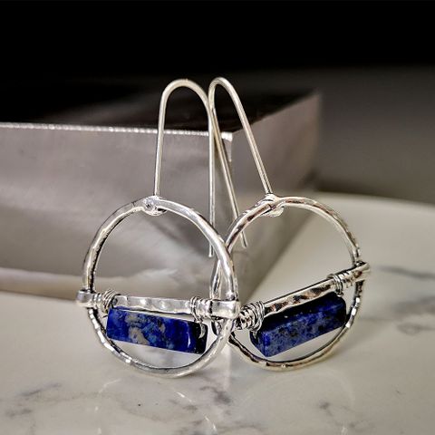 New Style Beaten Plated Hoop Earrings Retro Handmade Silk-wrapped Natural Lapis Lazuli Earrings