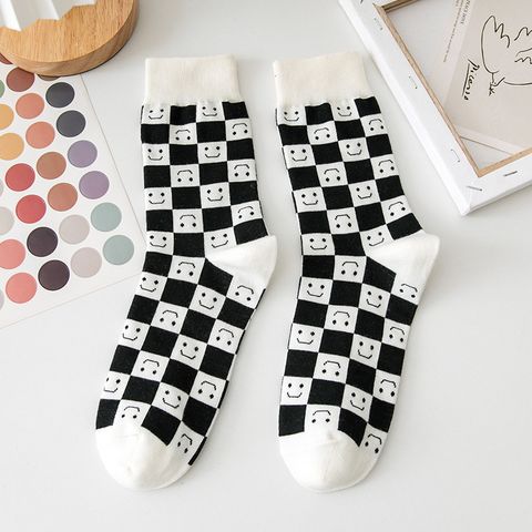 Checkerboard Socks Wholesale Female Spring And Autumn Tube Socks Smiling Couple Stockings
