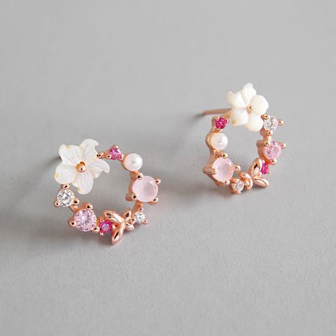 Korean Sterling Silver Zircon Crystal Shell Flower Earrings
