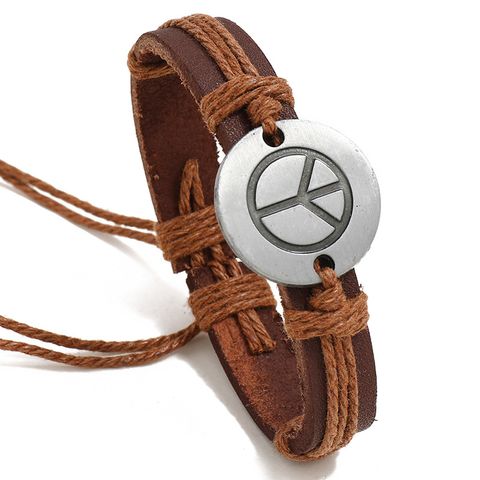 Vintage Woven Hemp Rope Alloy Peace Logo Leather Bracelet Nhpk138929