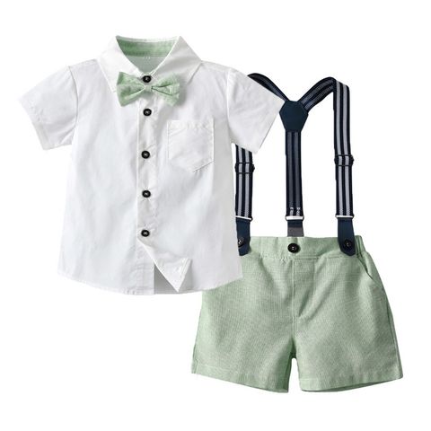 Korean Children's Short-sleeved Shirt Bow Suspenders Short Two-piece Set Wholesale