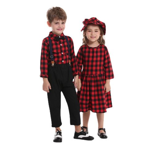 Children's New Sister And Brother Clothes Plaid Shirt Long-sleeved Bib Two-piece Set