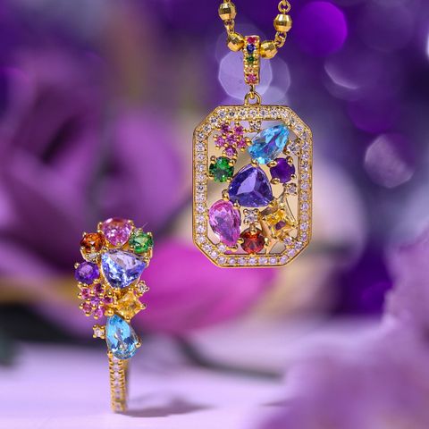 Romantic Colorful Gemstone Ring Full Of Tanzanite Pendant Necklace Set