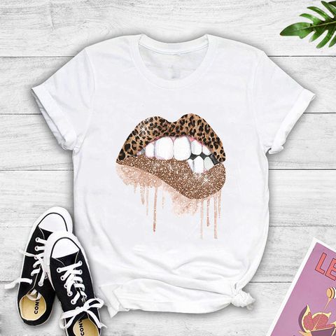 Sexy Leopard Print Lips Print Casual T-shirt