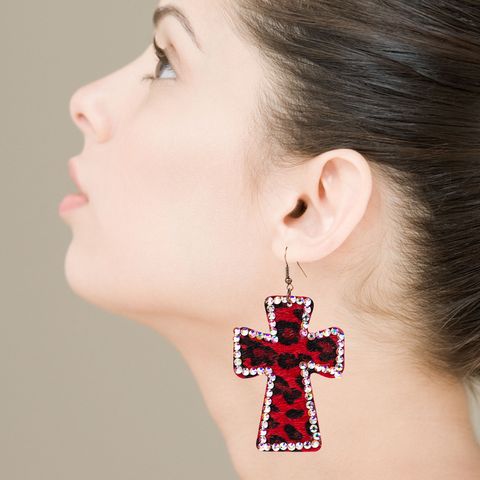 Cross Double-sided Printing Leather Leopard Print Earrings