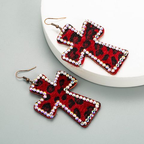 Cross Double-sided Printing Leather Leopard Print Earrings