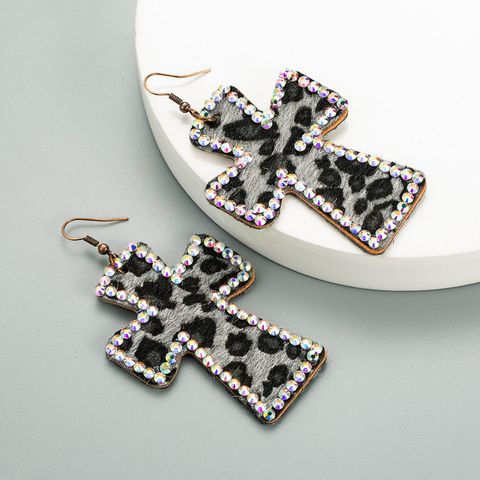 Cross Double-sided Printing Leather Leopard Print Earrings