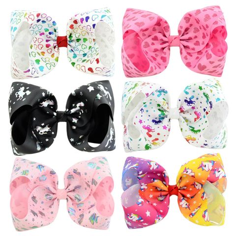 New Children's Cartoon Flower Printing Ribbed Bow Hairpin Set