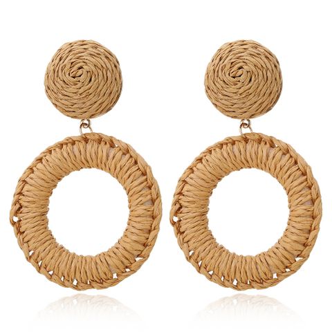 Boucles D&#39;oreilles En Rotin Circulaire Géométrique Tissé À La Main Bohème