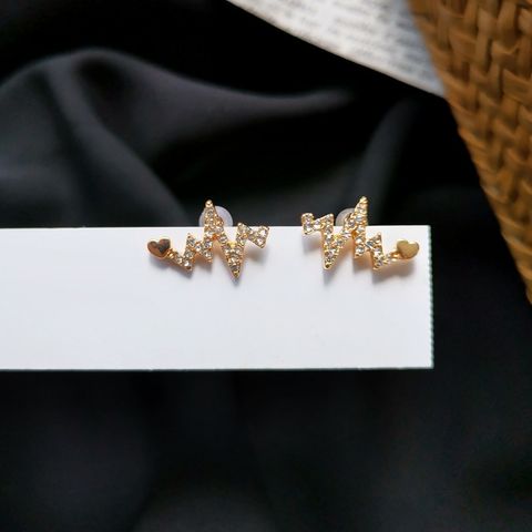 Korean Style Diamond Heartbeat Wave Shaped Stud Earrings