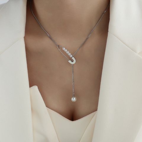 Imitation Pearl Pin Tassel Pendant Titanium Steel Necklace