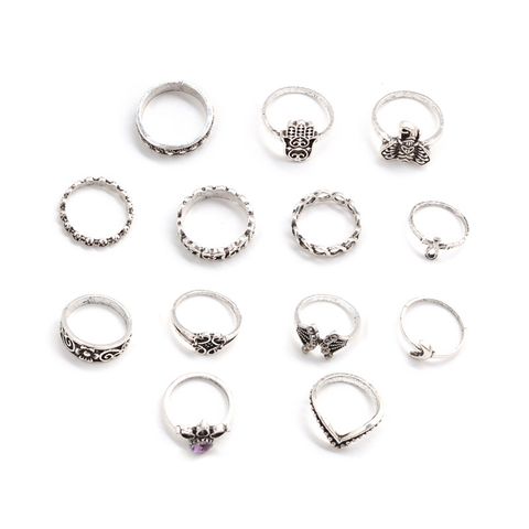 Retro Fashion Style Crown Elephant Moon Geometric Alloy Ring Set
