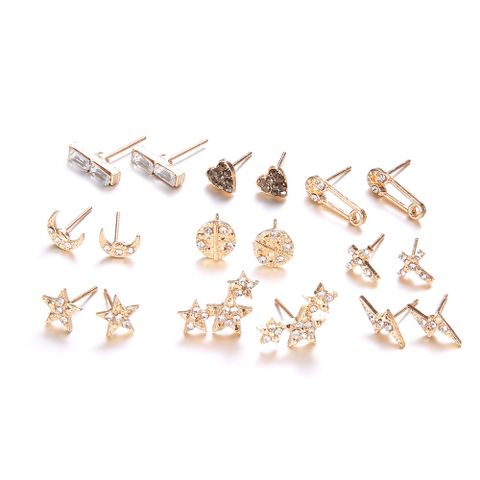 Simple Heart Shape Star Moon Cross Lightning Paper Clip Diamond Earrings 9-piece Set