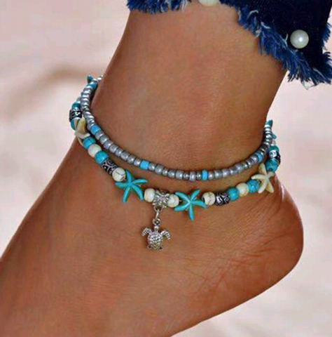 Fashion Simple Turquoise Starfish Tortoise Pendant Double Layer Anklet