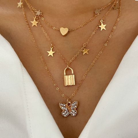 Fashion Golden Diamond Butterfly Pendant Multi-layer Necklace