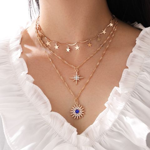 Multi-layered Wear Five-pointed Star Diamond Eight-pointed Star Sun Flower Pendant Tassel Necklace