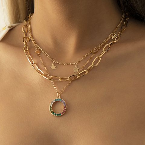 Simple Star Tassel Color Diamond Round Pendent Multilayer Necklace
