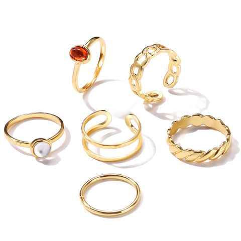 Retro Red And White Agate Chain Ring 6 Piece Set