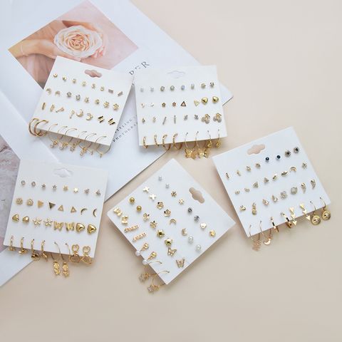 Simple Geometric Alloy Small Earrings Set 16 Pairs One Card