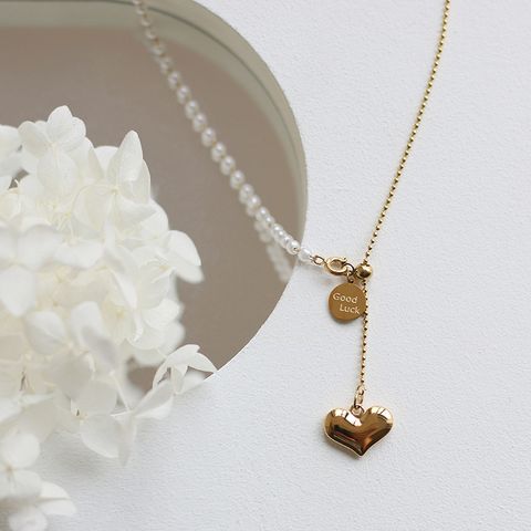 Korean Heart Long Tassel Pearl Titanium Steel Necklace