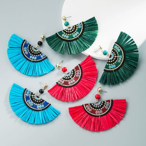 Wholesale Jewelry Bohemian Fabric Inlaid Pearl Fan-shaped Tassel Earrings Nihaojewelry