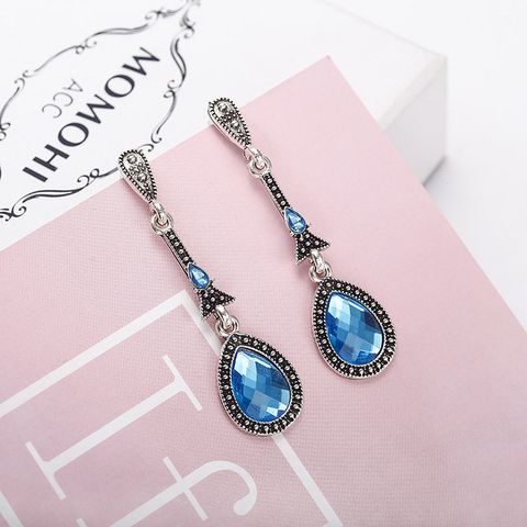 Nihaojewelry Retro Style Alloy Inlaid Blue Zircon Long Earrings Wholesale Jewelry