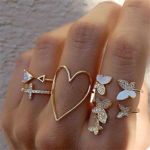 Simple Cross Heart Hollow Diamond Butterfly 5-piece Ring Set
