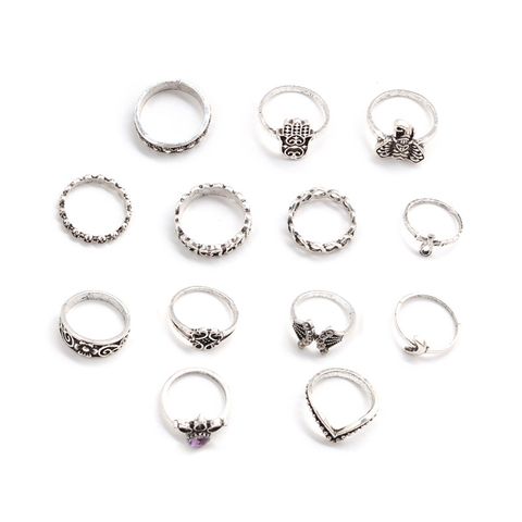 Retro Crown Palm Elephant Geometric Alloy Ring 13-piece Set