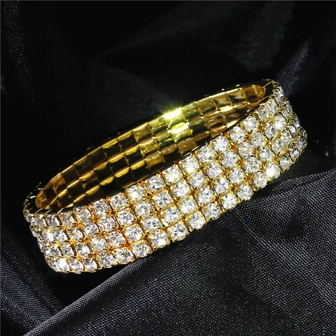 Estilo Simple Brillante Geométrico Diamante Artificial Metal Venta Al Por Mayor Pulsera Elástica De Cuatro Capas Pulsera De Tenis