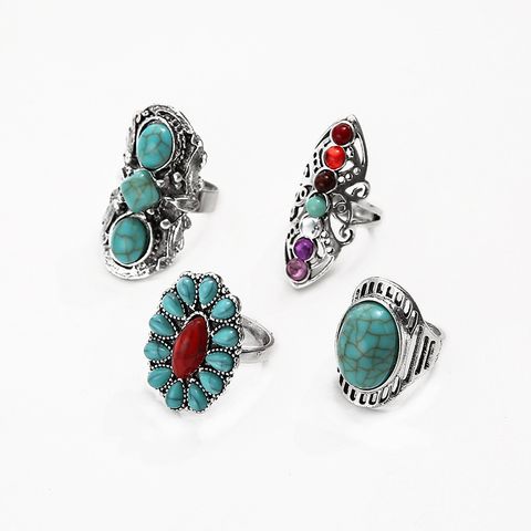 Wholesale Jewelry Retro Long Inlaid Turquoise Carved 4 Pieces Ring Nihaojewelry