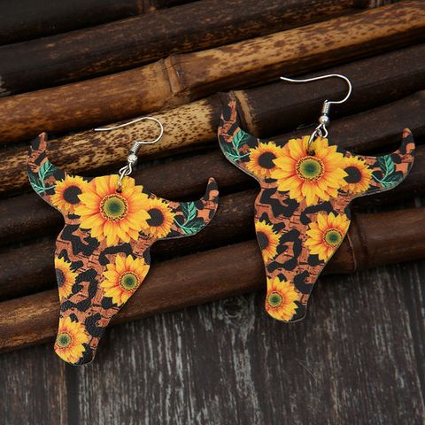 Wholesale Retro Bull Head Sunflower Leather Earrings Nihaojewelry