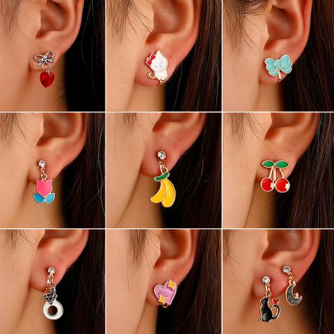 Cartoon Cherry Cat Banana Flower Heart Red Rhinestone Bow Earrings Wholesale Jewelry Nihaojewelry