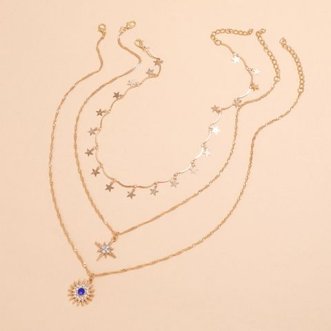 Multi-layered Wear Five-pointed Star Diamond Eight-pointed Star Sun Flower Pendant Tassel Necklace