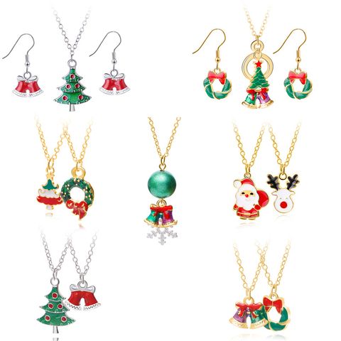 European And American New Ladies Christmas Drip Series Bell Snowman Wreath Santa Claus Necklace And Earrings Suite