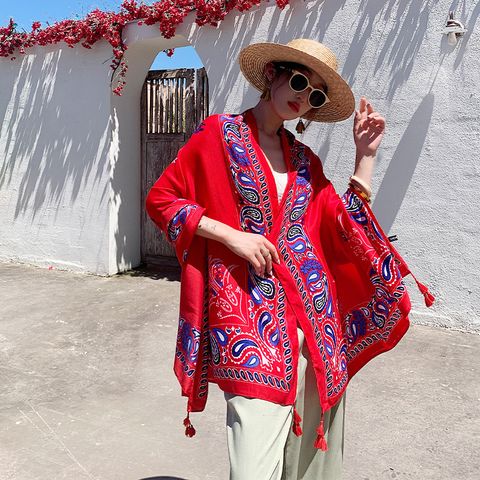 Ethnic Style Shawl Scarf Dual-use Sun Protection By The Sea Beach Scarf Red Large Gauze Scarf Female Desert Travel Photography Summer