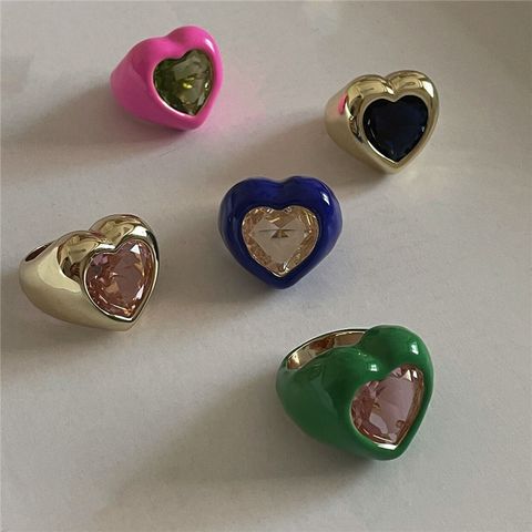 Fashion Large Gemstone Color Enamel Spray Paint Heart-shaped Ring Wholesale Nihaojewelry