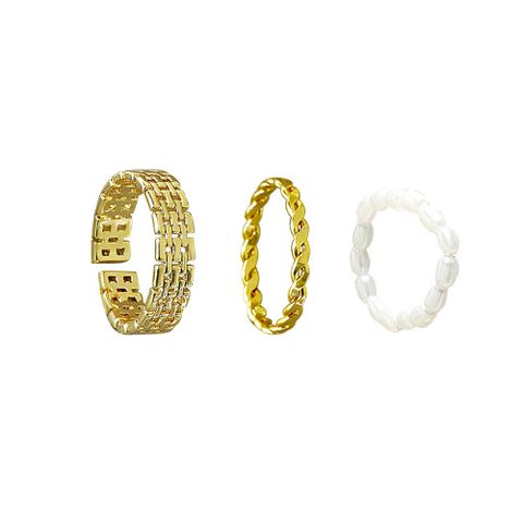 New Fashion Pearl Adjustable Geometric Chain Copper Ring Three-piece Set Wholesale Nihaojewelry