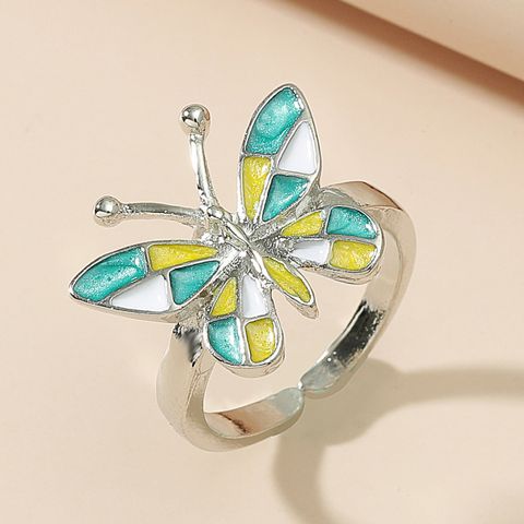 Cross-border New Arrival Colorized Butterfly Ring European And American Simple Retro Metal Opening Adjustable Ring Little Finger Ring Women