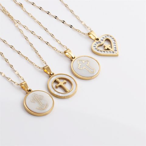 Wholesale Jewelry Heart-shaped Shell Cross Pendant Stainless Steel Necklace Nihaojewelry