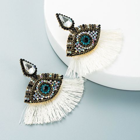 Retro Glass Diamonds Devil's Eyes Fan-shaped Tassel Earrings Wholesale Nihaojewelry