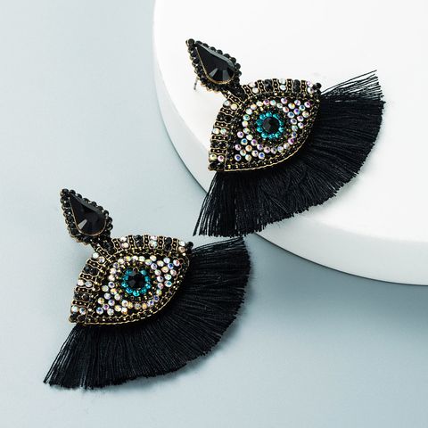 Retro Glass Diamonds Devil's Eyes Fan-shaped Tassel Earrings Wholesale Nihaojewelry