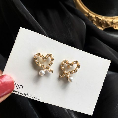 Korean Style Pearl Full Diamond Heart-shaped Small Earrings