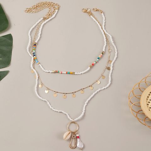 Bohemian Style Multi-layer Woven Shell Rice Bead Trend Pearl Pendant Necklace Jewelry