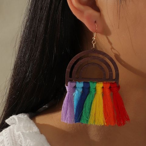 Ethnic Style Wooden Rainbow Tassel Cotton Earrings Wholesale Nihaojewelry