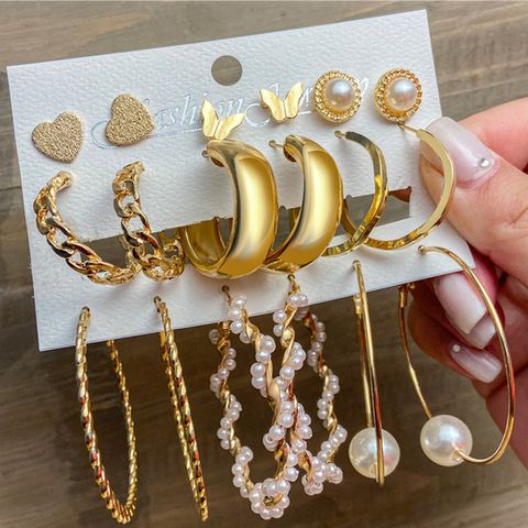 Creative Simple Pearl Butterfly Chain Hoop Earring 9 Piece Set Wholesale Nihaojewelry
