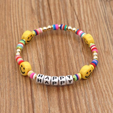 Factory Wholesale Couple Creative Bracelet Happy Letter Acrylic Yellow Smiley Face 4mm Mixed Color Polymer Clay Bracelet