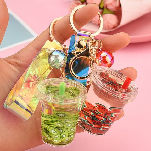 Creative Milk Tea Cup Simulation Fruit Piece Floating Leather Rope Key Chain Wholesale Nihaojewelry