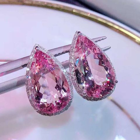 Explosion Luxury Crown High Carbon Diamond Drop-shaped Simulation Pink Tourmaline Color Treasure Open Ring Engagement Diamond Ring